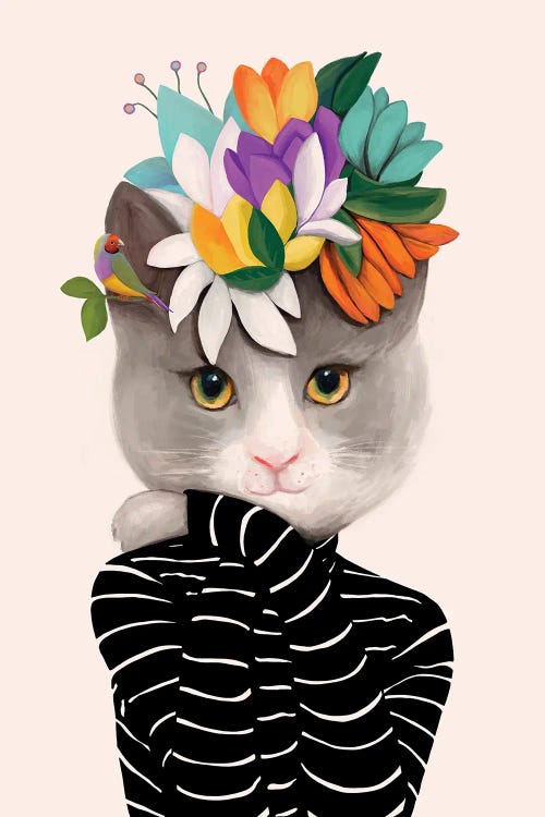 Cat With Flowers And Finch