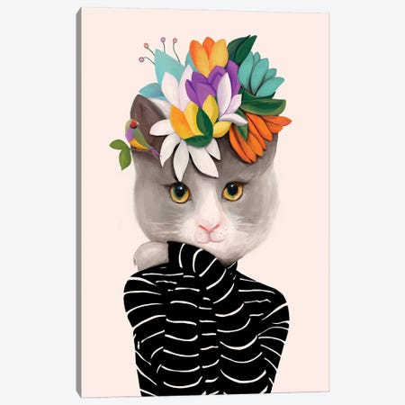Cat With Flowers And Finch Canvas Print #IOA4} by Ioana Horvat Canvas Art