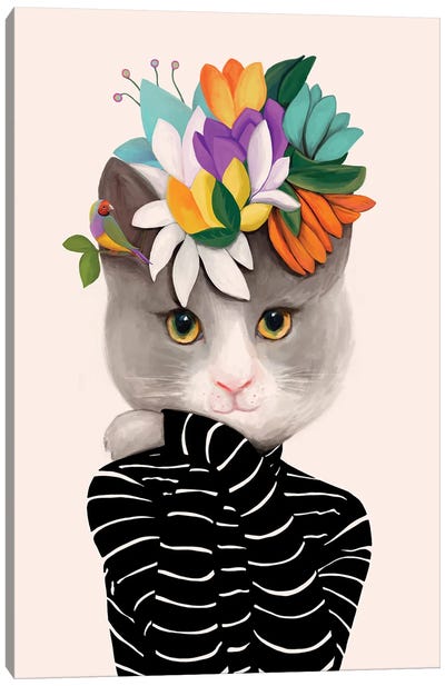Cat With Flowers And Finch Canvas Art Print - Finch Art