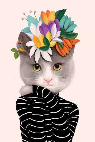Office Humor: Cat With Flowers And Finch by Ioana Horvat