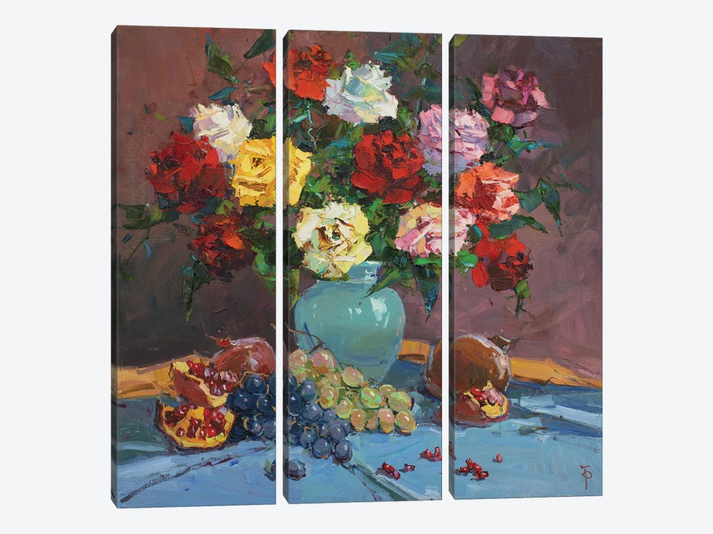 Roses With Pomegranate And Grapes by Igor Pozdeev 3-piece Canvas Art