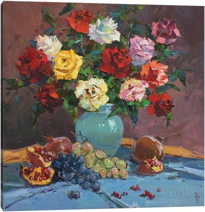 Roses With Pomegranate And Grapes Canvas Art Print - Igor Pozdeev