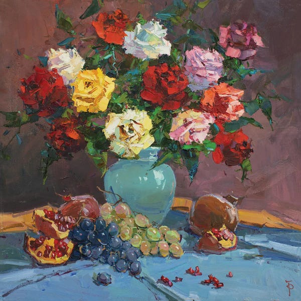 Igor Pozdeev: Roses With Pomegranate And Grapes by Igor Pozdeev