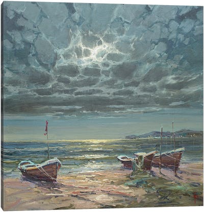 Fishing Boats In The Moonlight Canvas Art Print - Igor Pozdeev