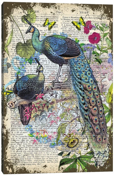 Peacocks On A Branch Canvas Art Print - Peacock Art