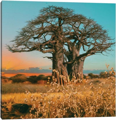 Baobab Of African Nature Canvas Art Print - Orange & Teal