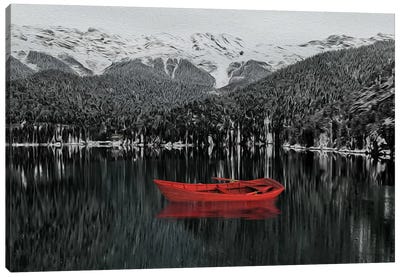 Red Boat Canvas Art Print - Black, White & Red Art