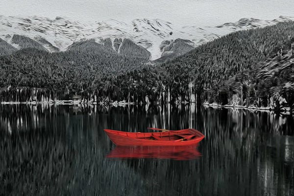 Snowy Mountains: Red Boat by Ievgeniia Bidiuk