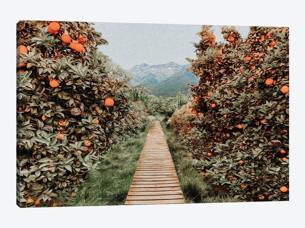 A Tree Path In An Orange Garden by Ievgeniia Bidiuk 1-piece Canvas Art