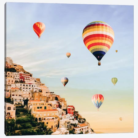 Multicolored Balloons Over The Old City Canvas Print #IVG130} by Ievgeniia Bidiuk Canvas Artwork