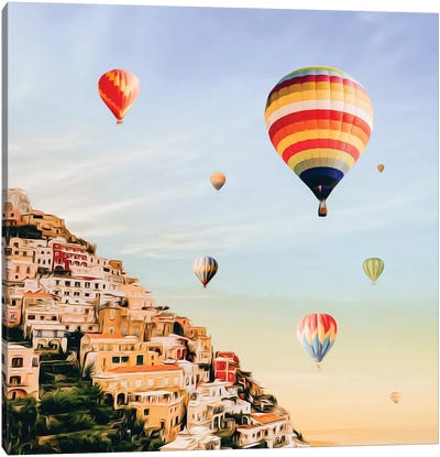 Multicolored Balloons Over The Old City Canvas Art Print
