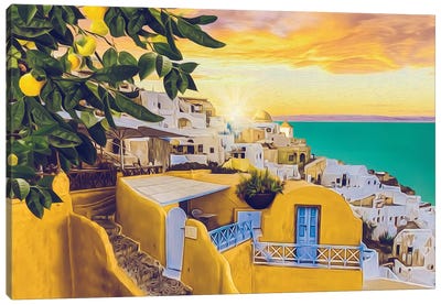 Santorini At Sunset Canvas Art Print - Mediterranean Décor
