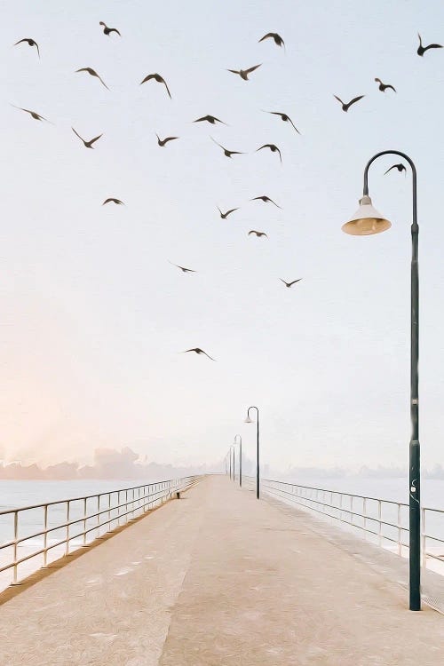 Birds Over The Pier With Lanterns by Ievgeniia Bidiuk wall art