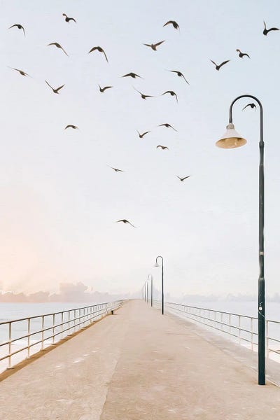 Ievgeniia Bidiuk: Birds Over The Pier With Lanterns by Ievgeniia Bidiuk