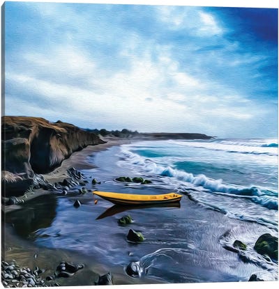 Yellow Canoe On The Ocean Canvas Art Print - Canoe Art