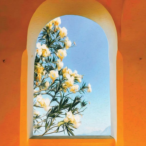 Ievgeniia Bidiuk: Blooming Tree In The Arched Window by Ievgeniia Bidiuk