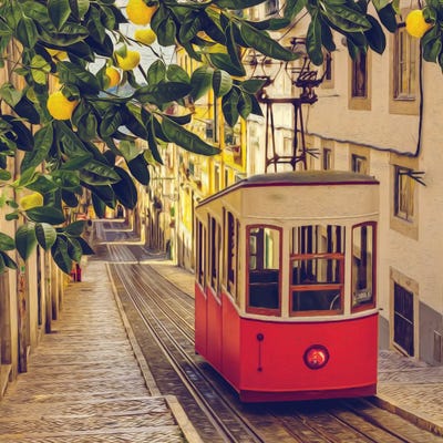 Red Tram On An Old Street by Ievgeniia Bidiuk framed wall art