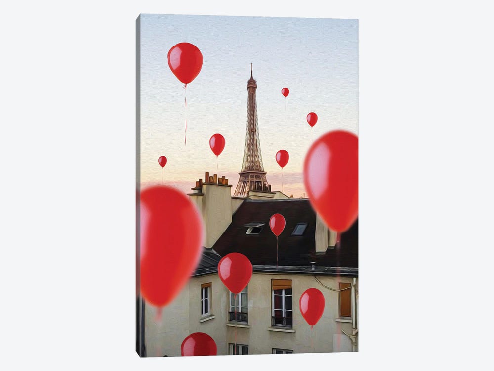Red Balloons Over Paris by Ievgeniia Bidiuk 1-piece Canvas Wall Art
