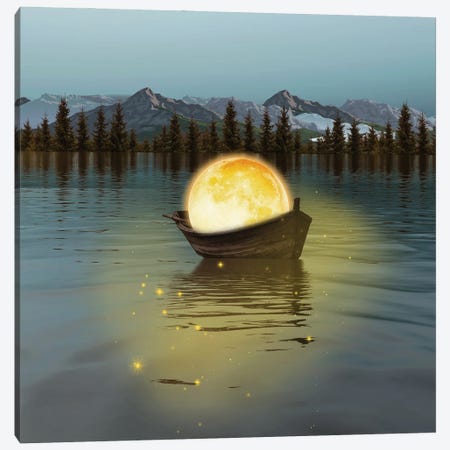 Yellow Moon In The Form Of A Ball On A Boat In The Lake Canvas Print #IVG152} by Ievgeniia Bidiuk Canvas Wall Art