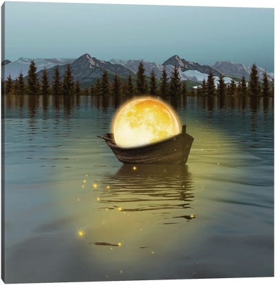 Yellow Moon In The Form Of A Ball On A Boat In The Lake Canvas Art Print