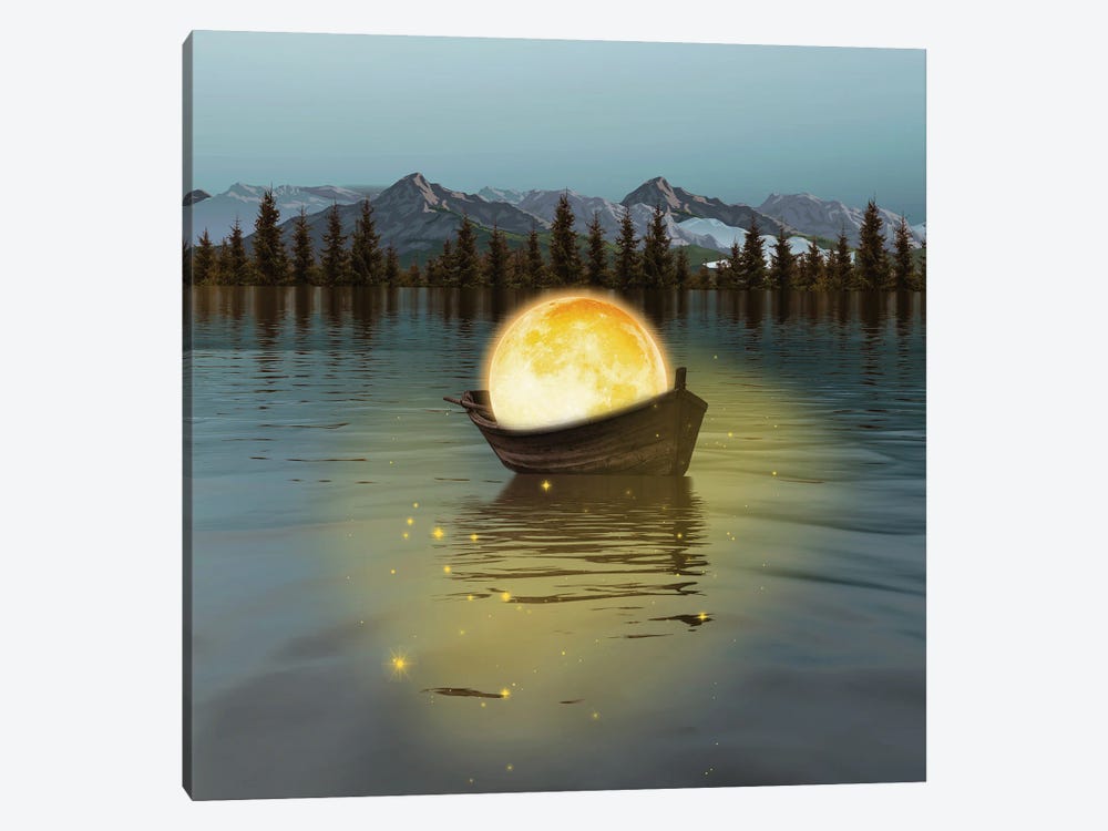 Yellow Moon In The Form Of A Ball On A Boat In The Lake by Ievgeniia Bidiuk 1-piece Canvas Artwork