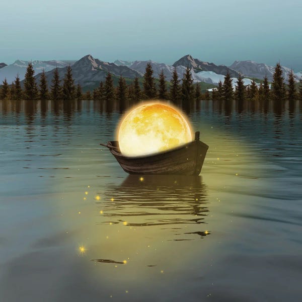 Ievgeniia Bidiuk: Yellow Moon In The Form Of A Ball On A Boat In The Lake by Ievgeniia Bidiuk