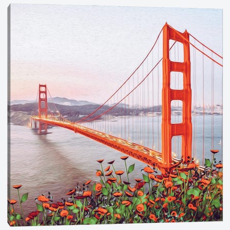 Golden Gate Bridge With Flowers Canvas Print #IVG168} by Ievgeniia Bidiuk Art Print