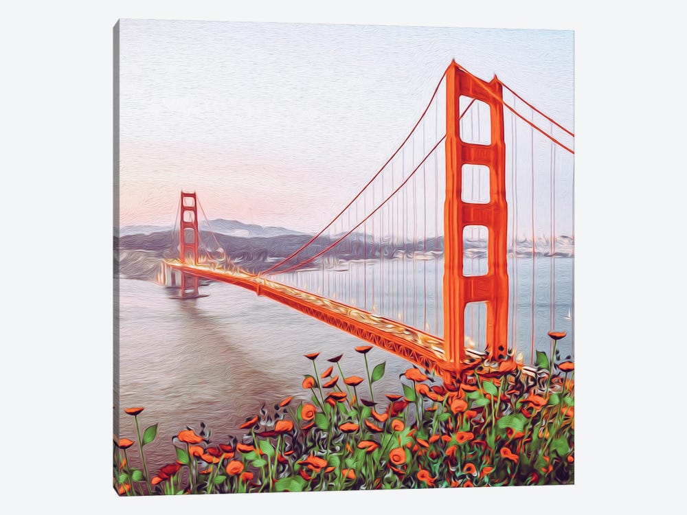Golden Gate Bridge With Flowers by Ievgeniia Bidiuk 1-piece Canvas Art Print