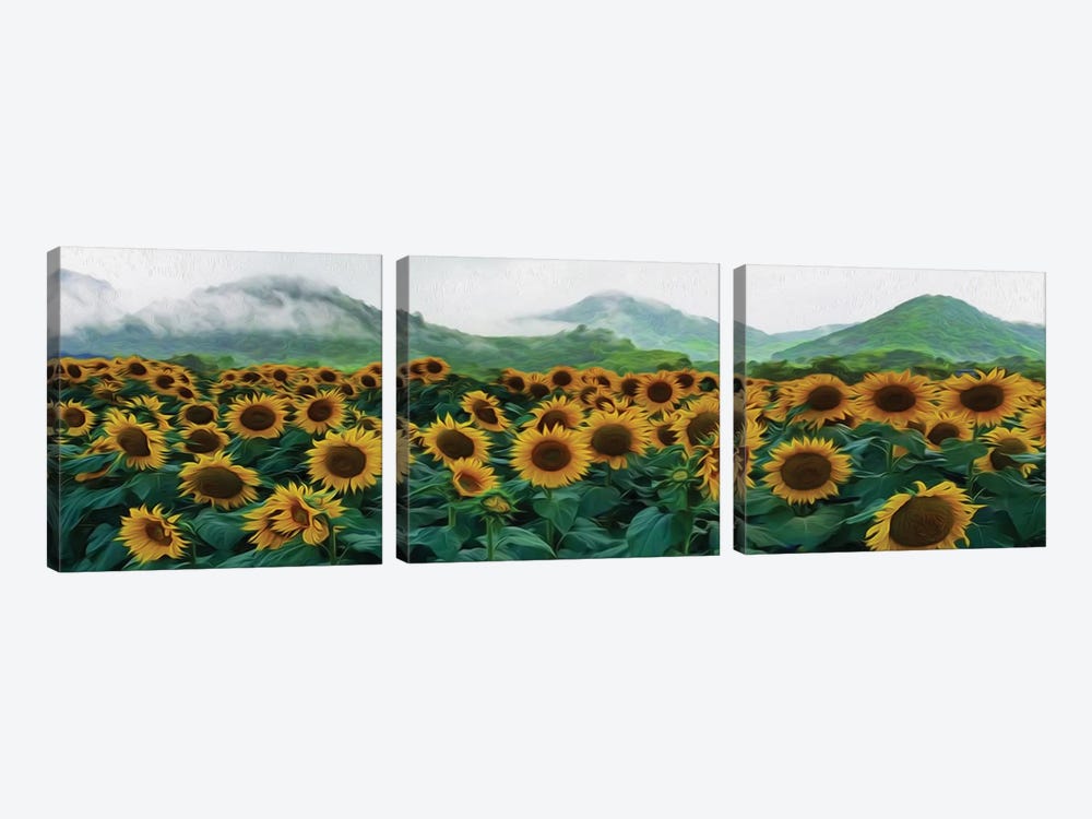 Sunflowers Field On The Background Of Mountain Hills by Ievgeniia Bidiuk 3-piece Art Print