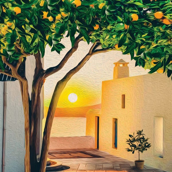 Ievgeniia Bidiuk: An Orange Tree At The Facade Of An Old House On The eashore by Ievgeniia Bidiuk