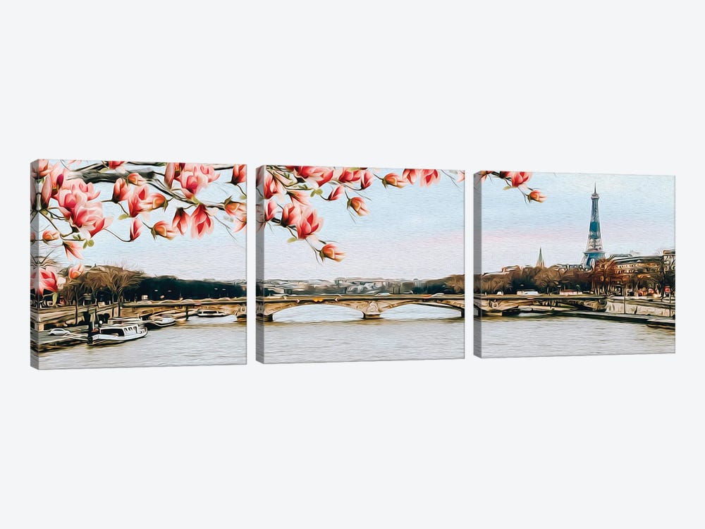 Blooming Magnolia Over Paris by Ievgeniia Bidiuk 3-piece Canvas Artwork
