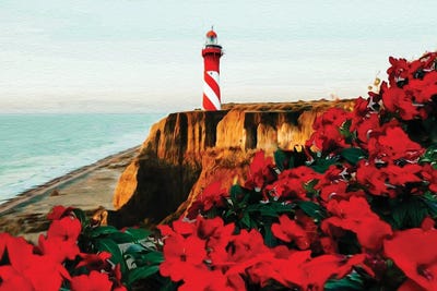 Blooming Red Begonia Against The Backdrop Of A Rocky Coast With A Lighthouse by Ievgeniia Bidiuk art print