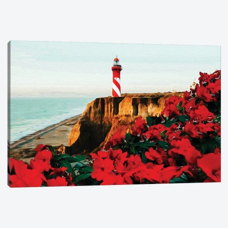 Blooming Red Begonia Against The Backdrop Of A Rocky Coast With A Lighthouse Canvas Print #IVG215} by Ievgeniia Bidiuk Canvas Art