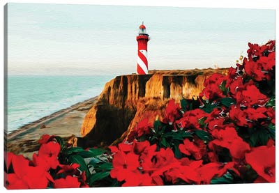 Blooming Red Begonia Against The Backdrop Of A Rocky Coast With A Lighthouse Canvas Art Print