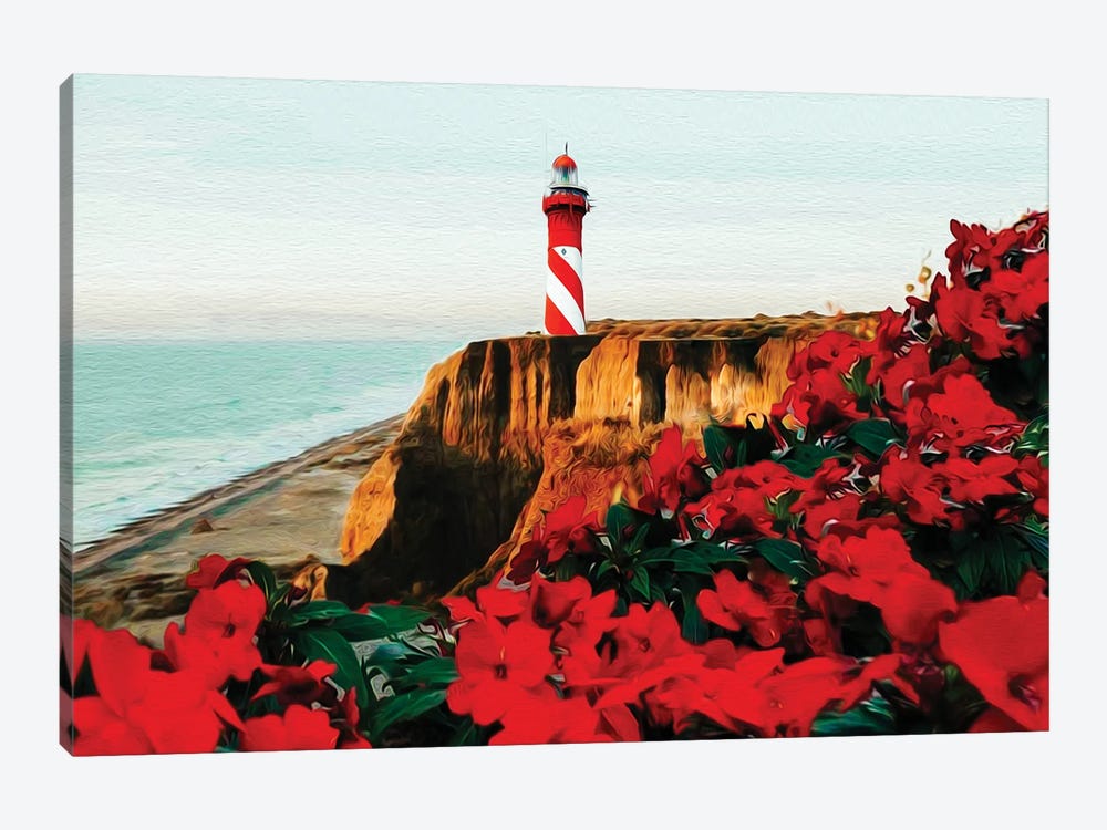 Blooming Red Begonia Against The Backdrop Of A Rocky Coast With A Lighthouse by Ievgeniia Bidiuk 1-piece Art Print