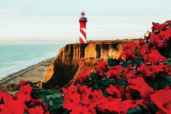 Ievgeniia Bidiuk: Blooming Red Begonia Against The Backdrop Of A Rocky Coast With A Lighthouse by Ievgeniia Bidiuk