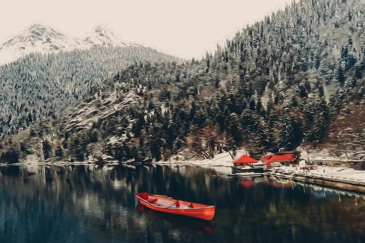 Wooden Red Boat On A Lake Surrounded By Forest