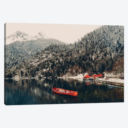 Wooden Red Boat On A Lake Surrounded By Forest Canvas Print #IVG217} by Ievgeniia Bidiuk Canvas Wall Art