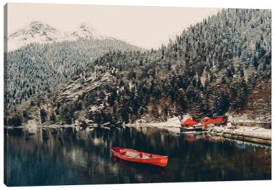Wooden Red Boat On A Lake Surrounded By Forest Canvas Art Print - Canoe Art