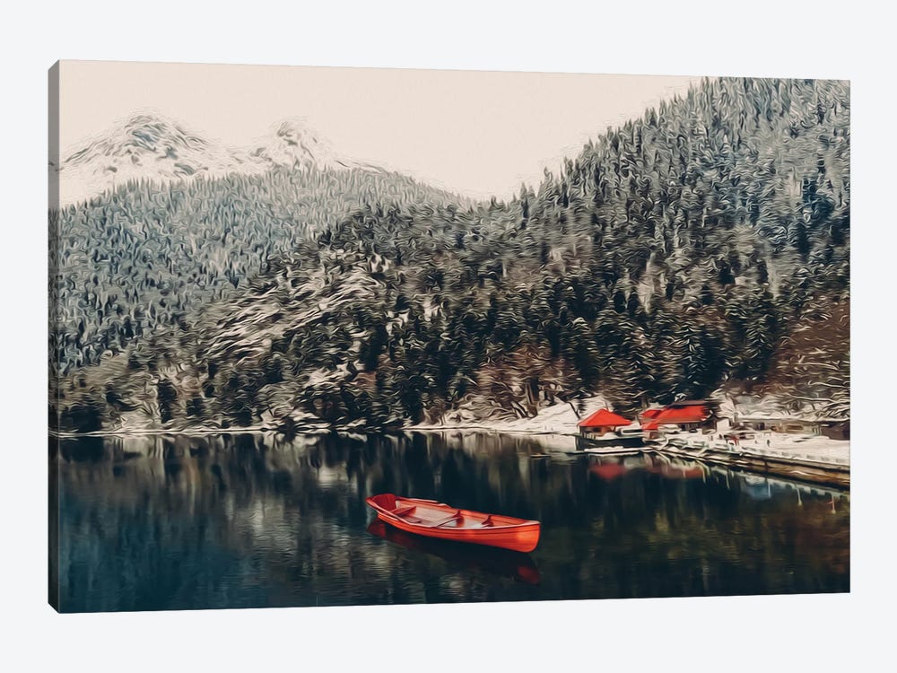 Wooden Red Boat On A Lake Surrounded By Forest by Ievgeniia Bidiuk 1-piece Canvas Print