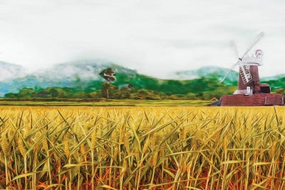 Ripe Ears Of Bread On The Background Of The Mill by Ievgeniia Bidiuk art print