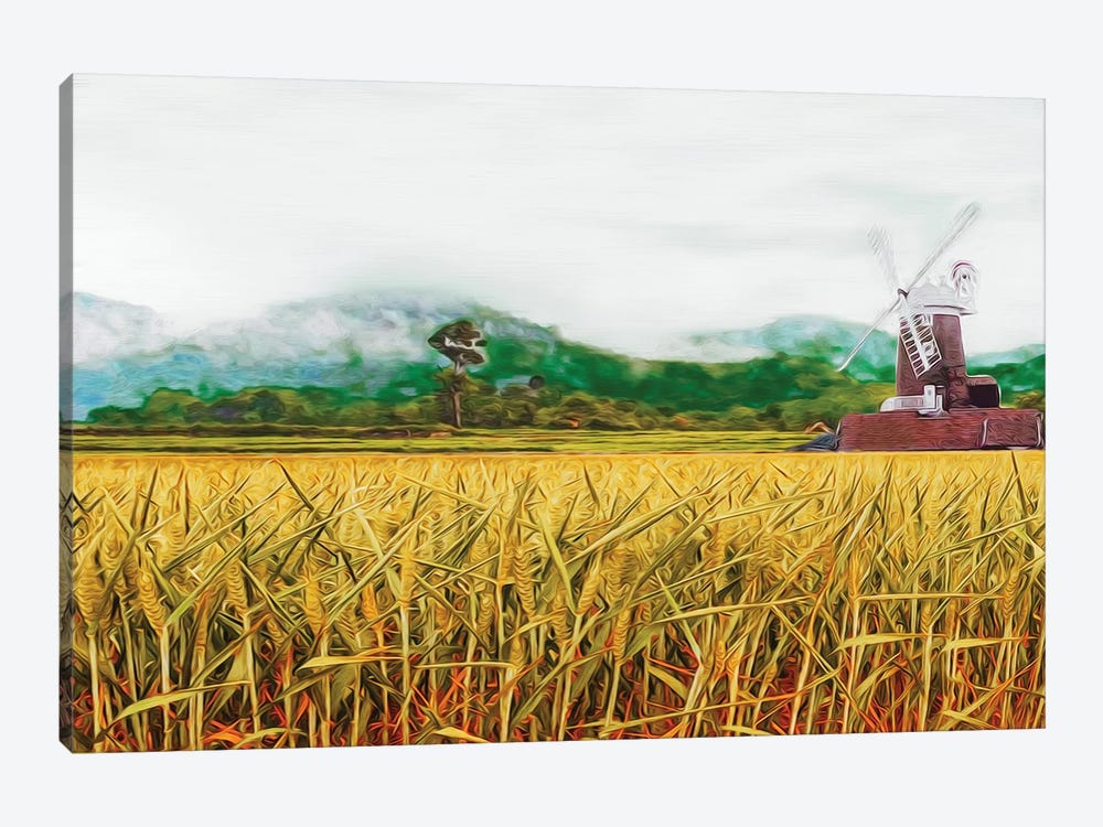 Ripe Ears Of Bread On The Background Of The Mill by Ievgeniia Bidiuk 1-piece Canvas Art