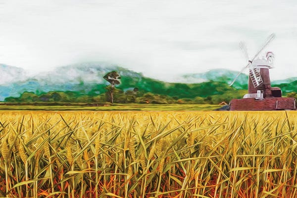 Watermills & Windmills: Ripe Ears Of Bread On The Background Of The Mill by Ievgeniia Bidiuk