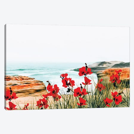 Red Flowers On The Rocky Seashore Canvas Print #IVG231} by Ievgeniia Bidiuk Canvas Print