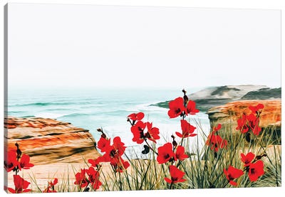Red Flowers On The Rocky Seashore Canvas Art Print - Ievgeniia Bidiuk