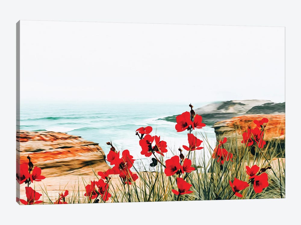 Red Flowers On The Rocky Seashore by Ievgeniia Bidiuk 1-piece Canvas Art Print