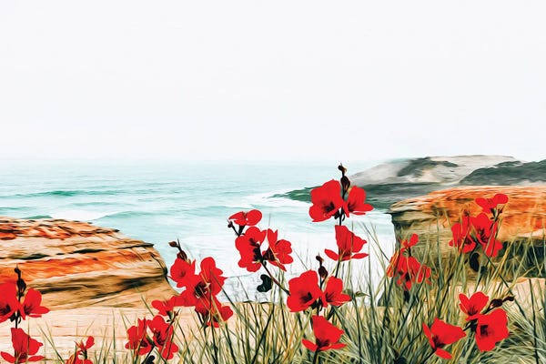 Ievgeniia Bidiuk: Red Flowers On The Rocky Seashore by Ievgeniia Bidiuk