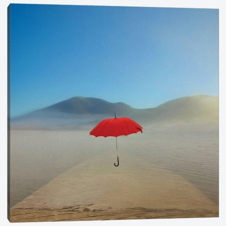 Red Umbrella Flying Over The Sea Canvas Print #IVG235} by Ievgeniia Bidiuk Canvas Wall Art