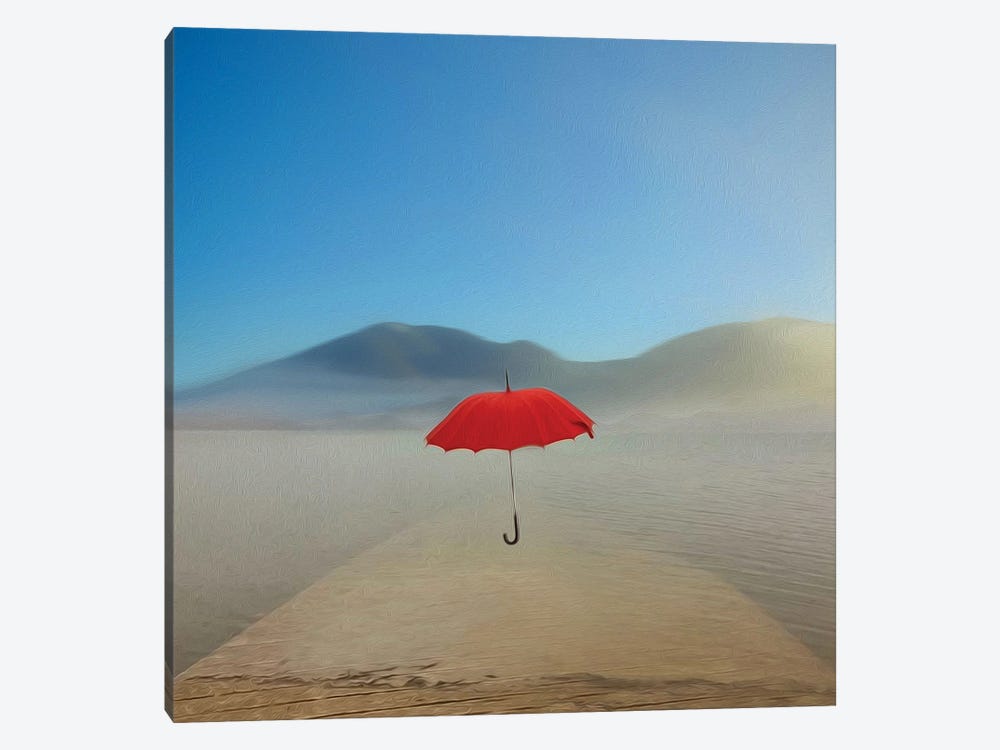 Red Umbrella Flying Over The Sea by Ievgeniia Bidiuk 1-piece Art Print