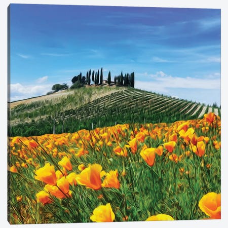 Yellow Flowers On The Background Of A Hill With A Vineyard In Tuscany Canvas Print #IVG241} by Ievgeniia Bidiuk Canvas Wall Art